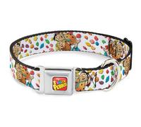 The Flintstones Pet Collar, Dog Collar Metal Seatbelt Buckle, Fruity Pebbles Fred and Barney Pose and Cereal Pebbles White, 16 to 23 Inches 1.5 Inch Wide