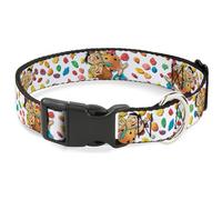 The Flintstones Pet Collar, Dog Collar Plastic Buckle, Fruity Pebbles Fred and Barney Pose and Cereal Pebbles White, 16 to 23 Inches 1.5 Inch Wide