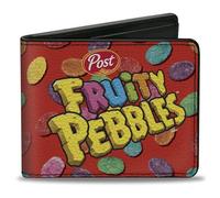 The Flintstones Wallet, Bifold, Post Fruity Pebbles Logo and Cereal Scattered Red Multi Color, Vegan Leather, 4.0" x 3.5", Casual