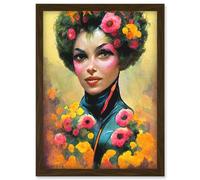 The Flower Girl Watercolour Pink Yellow Vibrant Fun Painting Artwork Framed Wall Art Print A4 Artery8 Brown One Size