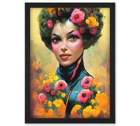 The Flower Girl Watercolour Pink Yellow Vibrant Fun Painting Artwork Framed Wall Art Print A4 Artery8 Black One Size