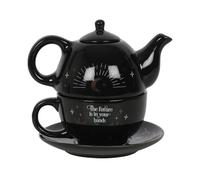 Enchanting Black Fortune Teller Tea-for-One Tea Set - 15cm x 16.5cm (1 Set) - Magical Design with White and Gold Accents, Includes Teapot, Cup, and Saucer - Ideal for Making the Perfect Cuppa