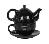 Enchanting Black Fortune Teller Tea-for-One Tea Set - 15cm x 16.5cm (1 Set) - Magical Design with White and Gold Accents, Includes Teapot, Cup, and Saucer - Ideal for Making the Perfect Cuppa