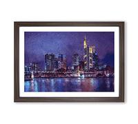 The Frankfurt Skyline in Germany at Night Framed Print | A2 Walnut Framed Wall Art | Ready to Hang | Modern Cityscape Picture | Living Room Bedroom Lounge Office