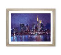 The Frankfurt Skyline In Germany At Night Modern Art Framed Print | A2 Oak Framed Wall Art | Ready to Hang | Modern Cityscape Picture | Living Room Bedroom Lounge Office