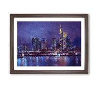 The Frankfurt Skyline In Germany At Night Modern Art Framed Wall Art Print, Ready to Hang Picture for Living Room Bedroom Home Office Décor, Walnut A3 (46 x 34 cm)