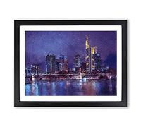 The Frankfurt Skyline In Germany At Night Modern Art Framed Wall Art Print, Ready to Hang Picture for Living Room Bedroom Home Office Décor, Black A4 (34 x 25 cm)