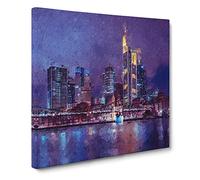 The Frankfurt Skyline in Germany at Night Modern Canvas Wall Art Print Ready to Hang, Framed Picture for Living Room Bedroom Home Office Décor, 14x14 Inch (35x35 cm)