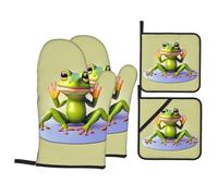 The Funny Frog Doing Yoga A 4-Piece Oven mitt and potholder Set with Printed Grilling Mitts is Perfect for Cooking Baking and Grilling