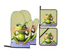 The Funny Frog Doing Yoga Patterned Heat-Resistant Glove Set, 4-Piece Set of Heat-Resistant Gloves and mats Suitable for Cooking and Grilling