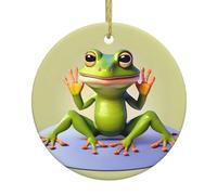 The Funny Frog Doing Yoga Printed Round Ceramic Pendant, Christmas Tree Ornament, Suitable for Souvenirs and Holiday Decorations.