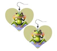 The funny frog doing yoga Prints Leather Heart earrings Pendant Stylish and light Lightweight Dangle for Women Girls, One Size, Leather, No Gemstone