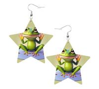 The funny frog doing yoga Prints Leather star earrings Pendant Stylish and light Lightweight Dangle for Women Girls, One Size, Leather, No Gemstone