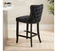 The Furniture Market Boudoir Black Velvet Button Back Kitchen Counter Bar Stool Wing Back Design Stud Detailing Black Legs Chrome Foot Bar