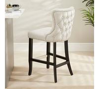 The Furniture Market Boudoir Natural Oatmeal Fabric Button Back Kitchen Counter Bar Stool Wing Back Design Stud Detailing Black Legs Chrome Foot Bar