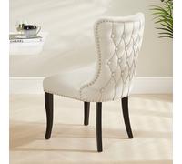 The Furniture Market Boudoir Natural Oatmeal Fabric Wing Back Dining Chair Deep Button Back Chrome Stud Detailing Black Satin Legs Sprung Base