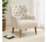 The Furniture Market Chatsworth Natural Fabric Button Upholstered Armchair Deep Buttoned Backrest Oatmeal Colour Fabric Comfortable & Supportive Seat