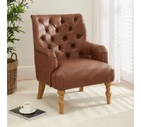 The Furniture Market Chatsworth Tan Brown Faux Leather Deep Button Upholstered Armchair - Natural Oak Hardwood Legs - Comfortable Foam Cushioning