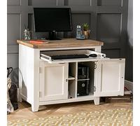 The Furniture Market Cheshire Cream Painted Hideaway Desk with Limed Oak Top, Compact Home Office Desk with Pull-Out Keyboard Shelf, Storage Cupboards, and Printer Shelf - H 785mm x W 910mm x D 555mm