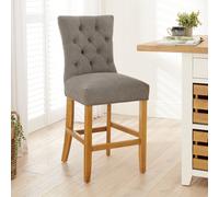 The Furniture Market Chester Grey Fabric Button Back Bar Stool Natural Oak Legs Quilted Deep Button Upholstery Kitchen Counter Height