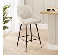 The Furniture Market Cooper Natural Linen Kitchen Counter Bar Stool With Black Metal Legs Flute Back Design, Decorative Handle & Adjustable Foot Pads