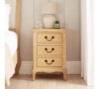 The Furniture Market French Chateau Oak Bedside Table 3 Drawer Solid Nightstand Cabriole Legs Antique Bronze Handles Natural Whitewash Finish