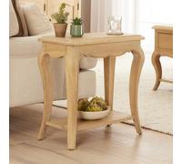 The Furniture Market French Chateau Oak Side Table Solid Sofa Hand-Carved Cabriole Legs Classic French Style Natural Whitewashed Finish