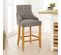The Furniture Market Luxury Grey Woven Fabric Scoop Back Kitchen Counter Bar Stool Quilted Button Back Stud Detailing Solid Wood Frame