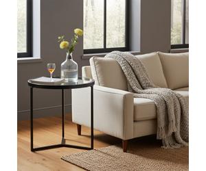 The Furniture Market Monza Round Glass Side Lamp Table, Black Powder Coated Three-Leg Frame, Adjustable Foot Pads, Modern Lamp Table, Living Room