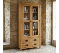 The Furniture Market Rustic Oak Glazed 2 Door 2 Drawer Tall Display Cabinet Unit
