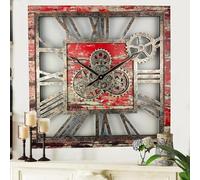 The Gears Clock 24'' Inch Square Real Moving Gear Wall Clock Vintage Industrial Oversized Rustic Farmhouse (Red Lava)