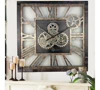 The Gears Clock 24'' Inch Square Real Moving Gear Wall Clock Vintage Industrial Oversized Rustic Farmhouse (Vintage Black)
