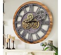 The Gears Clock The Original Real Moving Gear Wall Clock Vintage Industrial Oversized Rustic Farmhouse (24 inch (60cm),Wood&Stone)