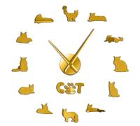 The Gentle Giant Maine Coon Cat 3D DIY Frameless Wall Clock, Modern Mirror Numbers, Silent Stick-on Timepiece (Gold,37inch)