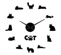 The Gentle Giant Maine Coon Cat 3D DIY Frameless Wall Clock, Modern Mirror Numbers, Silent Stick-on Timepiece (Black,37inch)