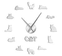 The Gentle Giant Maine Coon Cat 3D DIY Frameless Wall Clock, Modern Mirror Numbers, Silent Stick-on Timepiece (Silver,47inch)