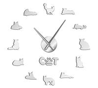 The Gentle Giant Maine Coon Wall Clock DIY Cat Silhouette Wall Art Stickers Decorative Large Wall Clock Contemporary Style Watch(Silver,47inch)