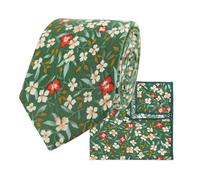 THE GENTS LAB 100% Cotton Diamond End Floral Print Neck Tie & Pocket Square Set (Green & Red)