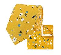 THE GENTS LAB 100% Cotton Diamond End Floral Print Neck Tie & Pocket Square Set (Mustard Yellow)
