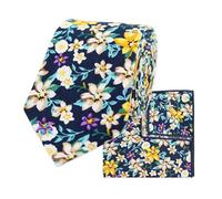 THE GENTS LAB 100% Cotton Diamond End Floral Print Neck Tie & Pocket Square Set (Navy & Yellow)