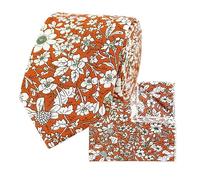 THE GENTS LAB 100% Cotton Diamond End Floral Print Neck Tie & Pocket Square Set (Orange)