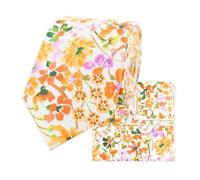 THE GENTS LAB 100% Cotton Diamond End Floral Print Neck Tie & Pocket Square Set (Orange)