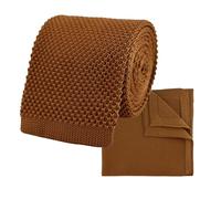 THE GENTS LAB 100% Polyester Square End Knitted Tie & Pocket Square Sets - Many Colours (Caramel Brown)