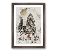 The Gherkin in London Watercolour Framed Print | A2 Walnut Framed Wall Art | Ready to Hang | Modern Historical Picture | Living Room Bedroom Lounge Office