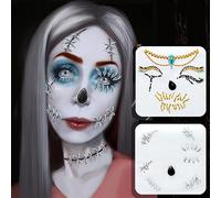 The Ghost Bride Skeleton Face Gems Jewels Halloween Temporary Face Tattoos Rhinestone Day of the Dead, Crystals Catrina Face Gems Stick on Halloween Prank Makeup Costume 2-Pack
