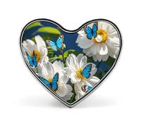 The Ghost of Skateboards Fashion Heart Brooch Pins Lightweight Enamel Lapel Pin for Women Men, Hat Bag Jacket Clothing Accessory Jewelry Gift, White Blooms Blue Butterflies, Love form