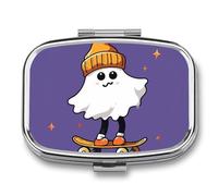 The Ghost of Skateboards Pill Box 2 Compartment - Small Metal Medicine Organizer Portable Pill Case for Purse Pocket Travel Vitamin Organizer for Men Women, BPA-Free