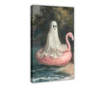 The Ghost on The Flamingo's Swimming Circle Canvas Poster Wall Art Decor Print Picture Paintings for Living Room Bedroom Decoration 08x12inch(20x30cm)