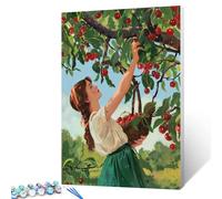 The Girl Picking Cherries in the Orchard Paint by Number for Adults On Canvas DIY Rural Scenery Oil Painting Kits Acrylic Paints for Home Wall Rustic Decor Art Craft Gifts for Kids 16x20in (Frameless)