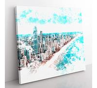 The Gold Coast in Australia Watercolour Modern Canvas Wall Art Print Ready to Hang, Framed Picture for Living Room Bedroom Home Office Décor, 50x50 cm (20x20 Inch)